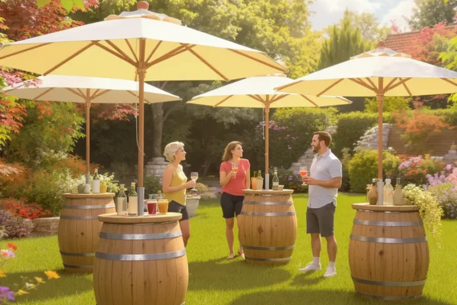 Weinfass Stehtische mit Sonnenschirme mieten